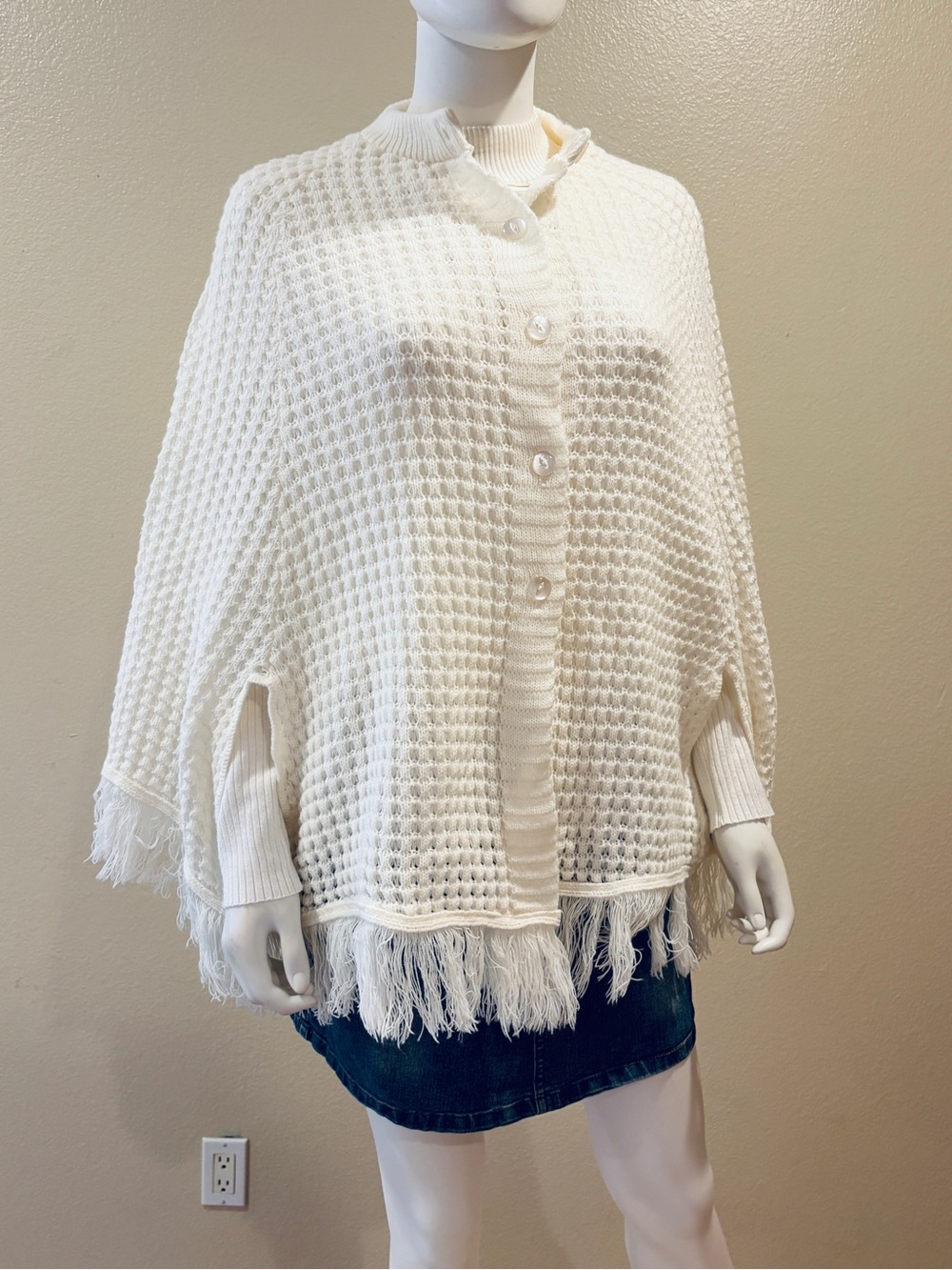 Vintage Creamy White Knitted Poncho Sweater Button Up Hand Holes Fringe Hem Boho